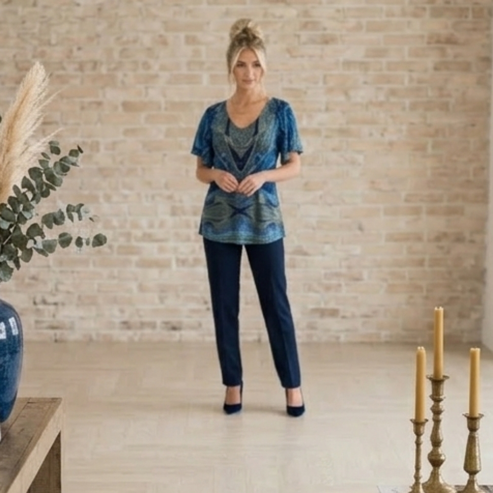 ONE WORLD, "LIVE AND LET LIVE" BLUE W/BLUE RHINESTONES DRESSY BLOUSE SIZE 1X